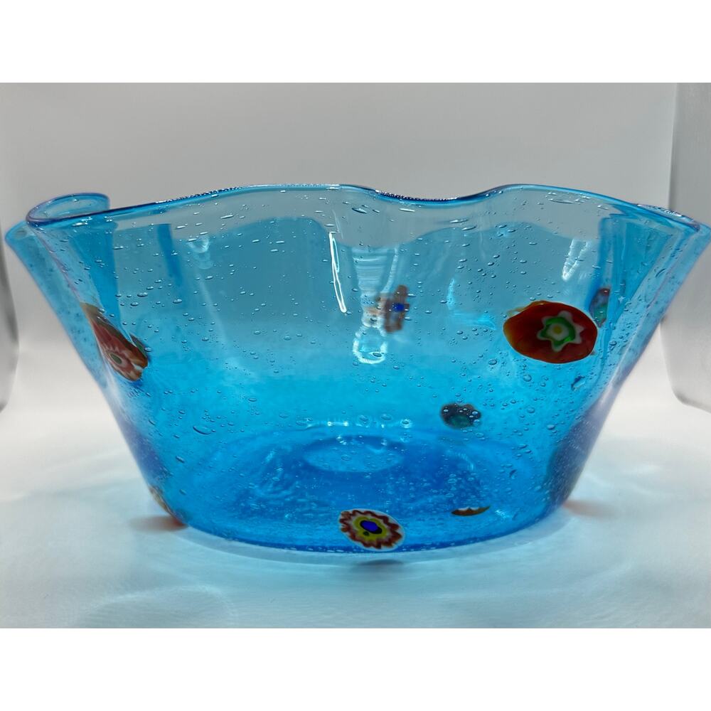 Vintage Murano Style Art Glass Bowl Aqua  Bullicante Bubbles Millefiori Flowers